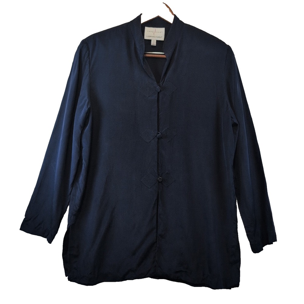 100% Silk VTG Navy Kimono Style Blouse Sz 14 Adrianna Papell Asian Habutai China